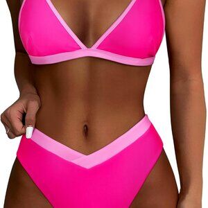 Women Triangle High Cut Bikini Sets Sexy High Waisted 2 Piece Swimsuit - Pink Co